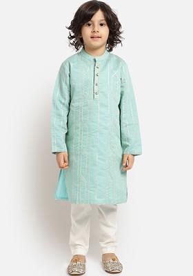 Green Embroidered Blended Kurta Set For Boys