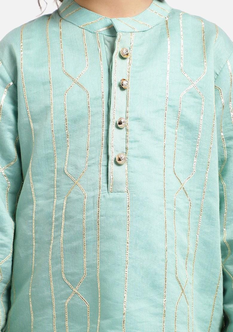 Green Embroidered Blended Kurta Set For Boys - Indya