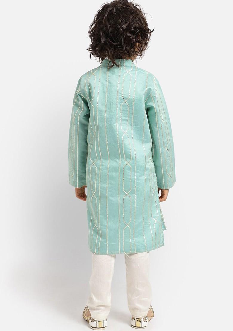 Green Embroidered Blended Kurta Set For Boys - Indya