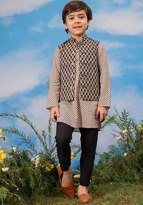 Black Printed Blended Kurta Dhoti Set For Boys