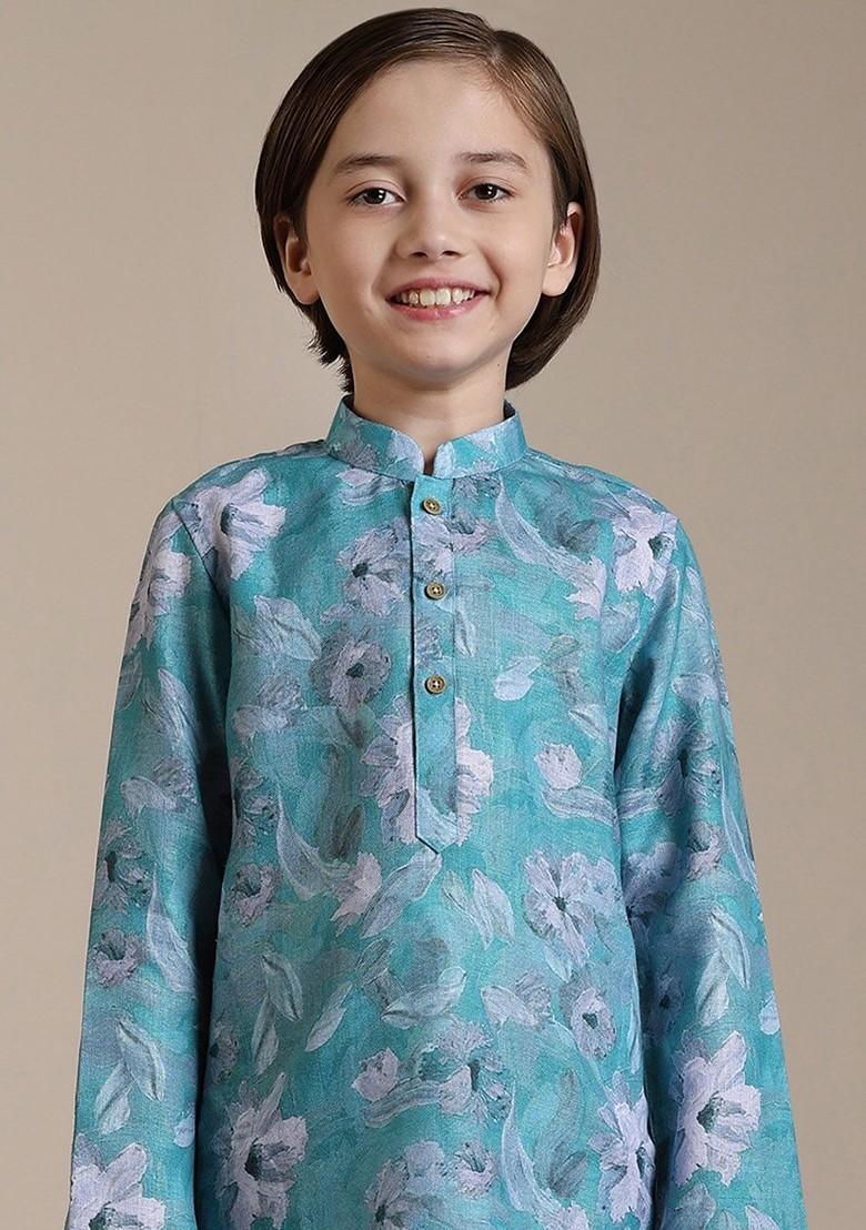 Turquoise Blue Printed Blended Kurta Set For Boys - Indya