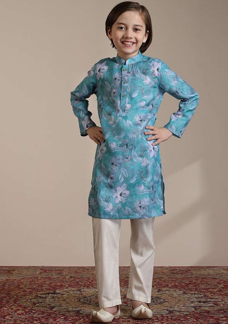 Turquoise Blue Printed Blended Kurta Set For Boys - Indya