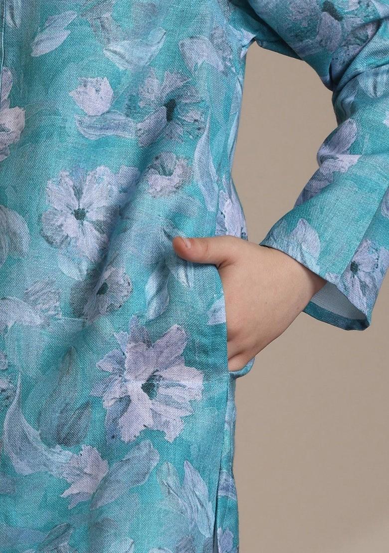 Turquoise Blue Printed Blended Kurta Set For Boys - Indya
