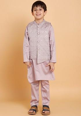 Lavender Embroidered Cotton Kurta Set For Boys