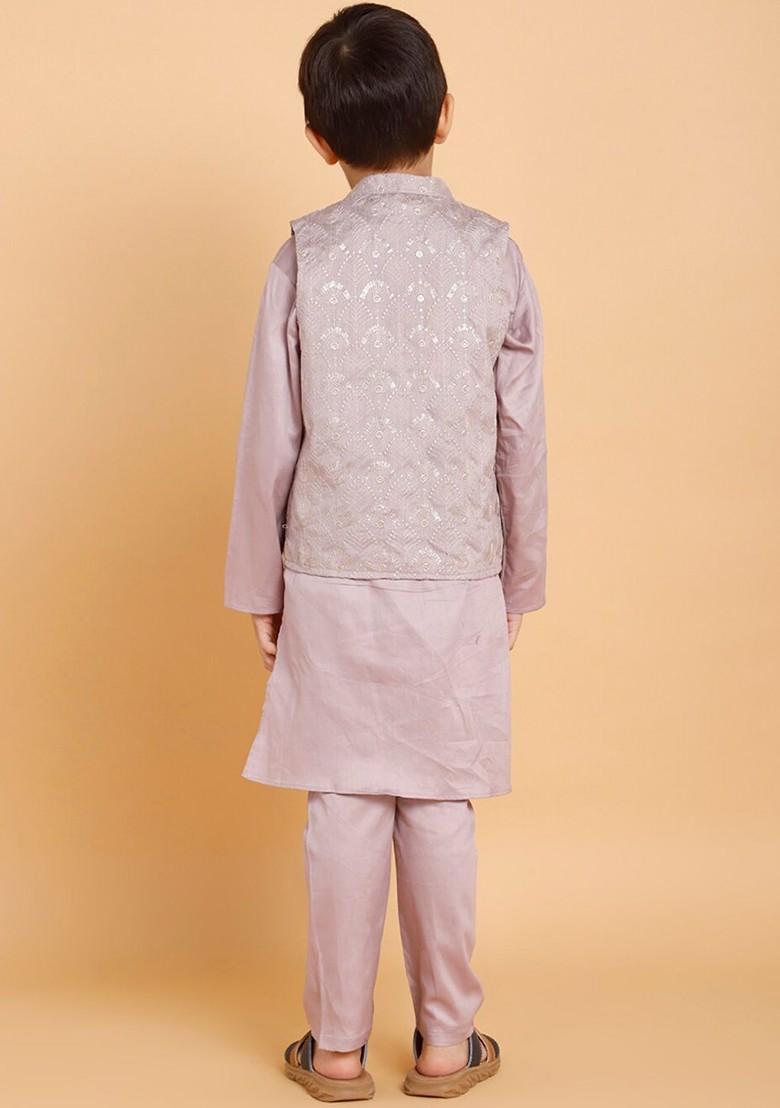 Lavender Embroidered Cotton Kurta Set For Boys - Indya