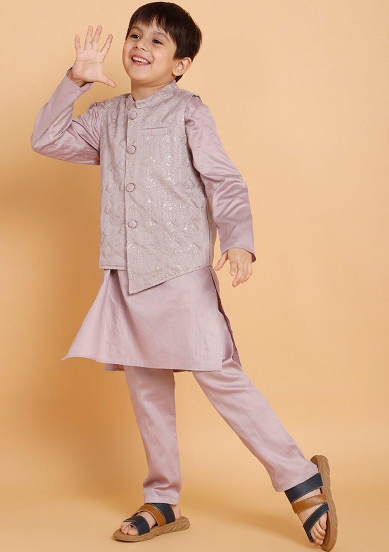 Lavender Embroidered Cotton Kurta Set For Boys - Indya