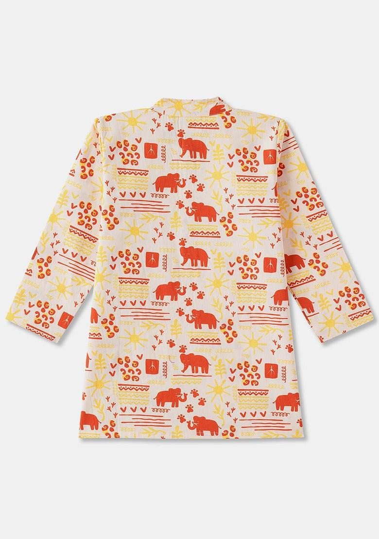 White Printed Cotton Kurta Set For Boys - Indya