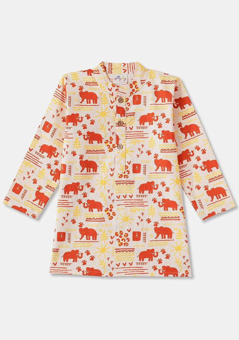 White Printed Cotton Kurta Set For Boys - Indya