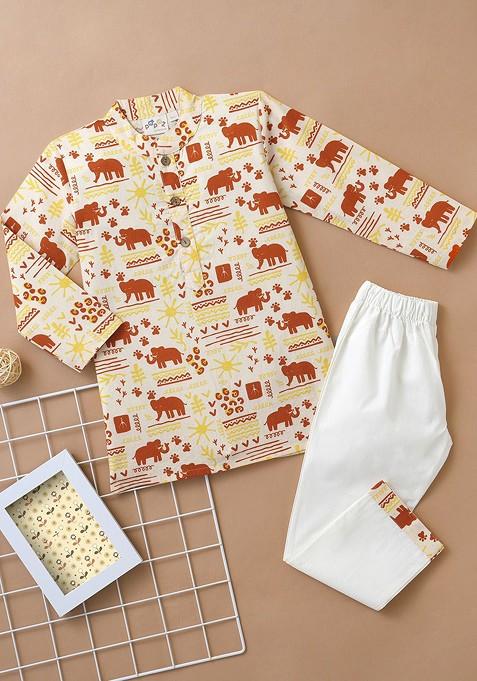 White Printed Cotton Kurta Set For Boys — view on Indya
