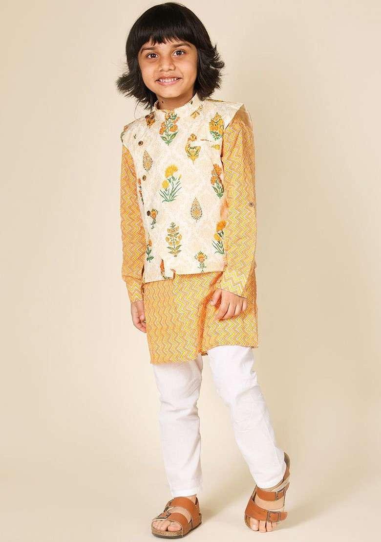 Yellow Printed Cotton Nehru Jacket Set For Boys - Indya