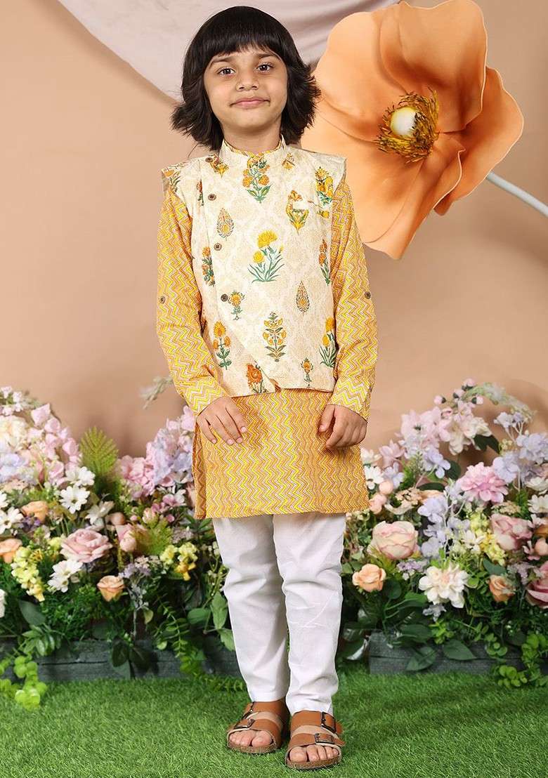 Yellow Printed Cotton Nehru Jacket Set For Boys - Indya