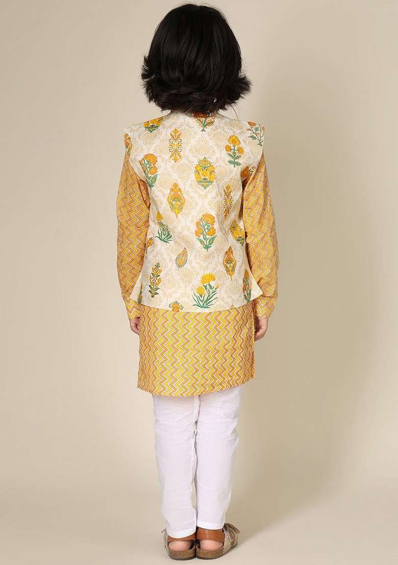 Yellow Printed Cotton Nehru Jacket Set For Boys - Indya