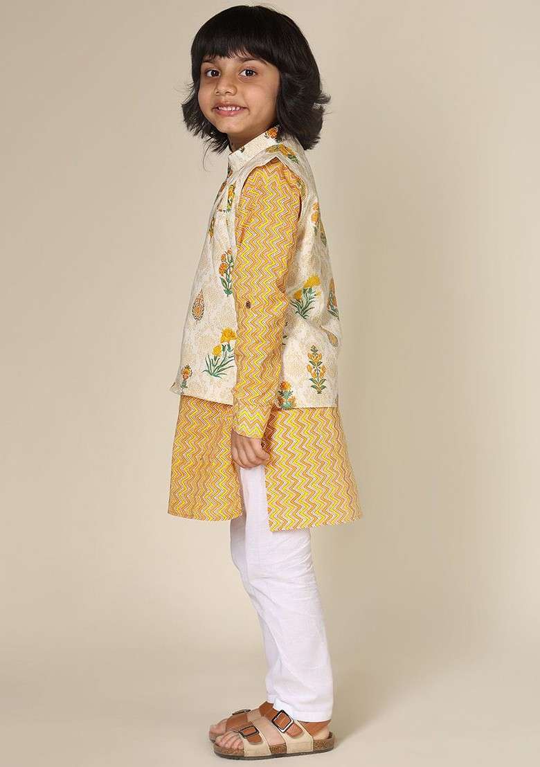 Yellow Printed Cotton Nehru Jacket Set For Boys - Indya
