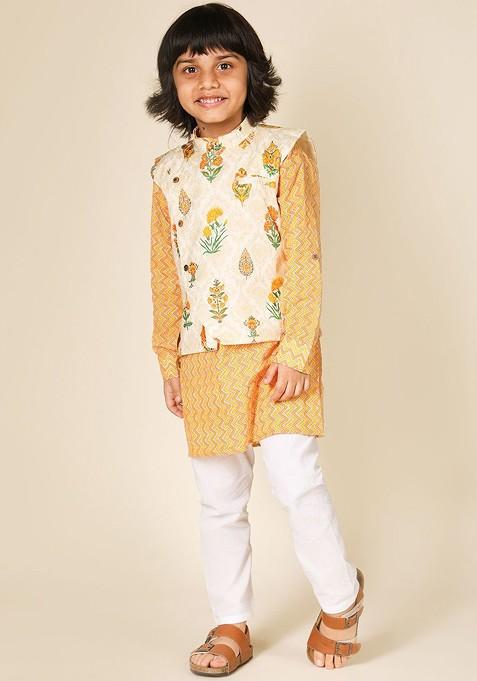 Yellow Printed Cotton Nehru Jacket Set For Boys