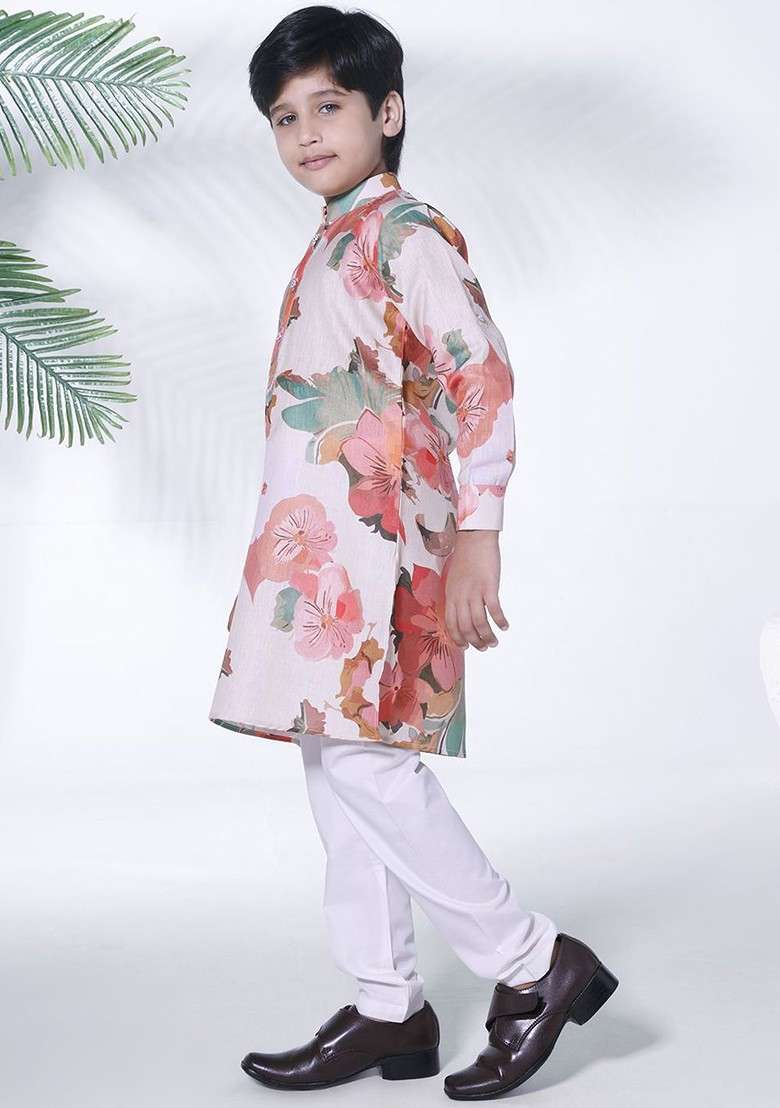 Cream Printed Blended Kurta Set For Boys - Indya