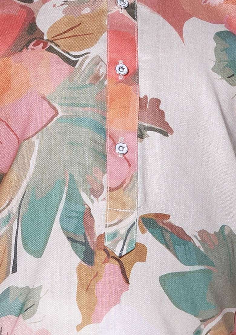 Cream Printed Blended Kurta Set For Boys - Indya