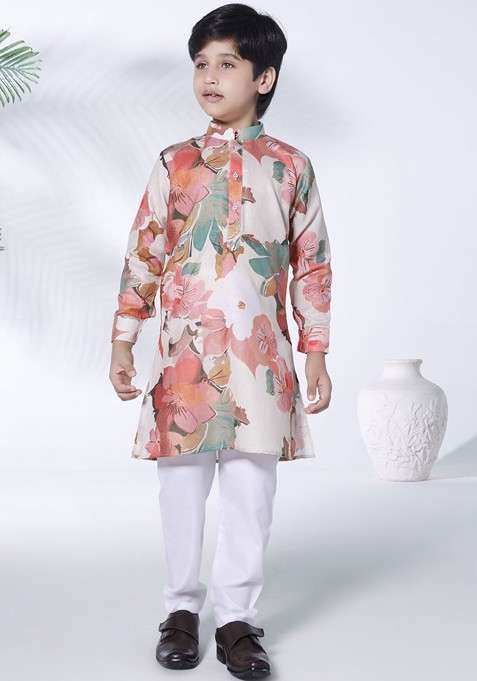 Cream Printed Blended Kurta Set For Boys
