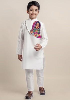 White Printed Blended Kurta Set For Boys