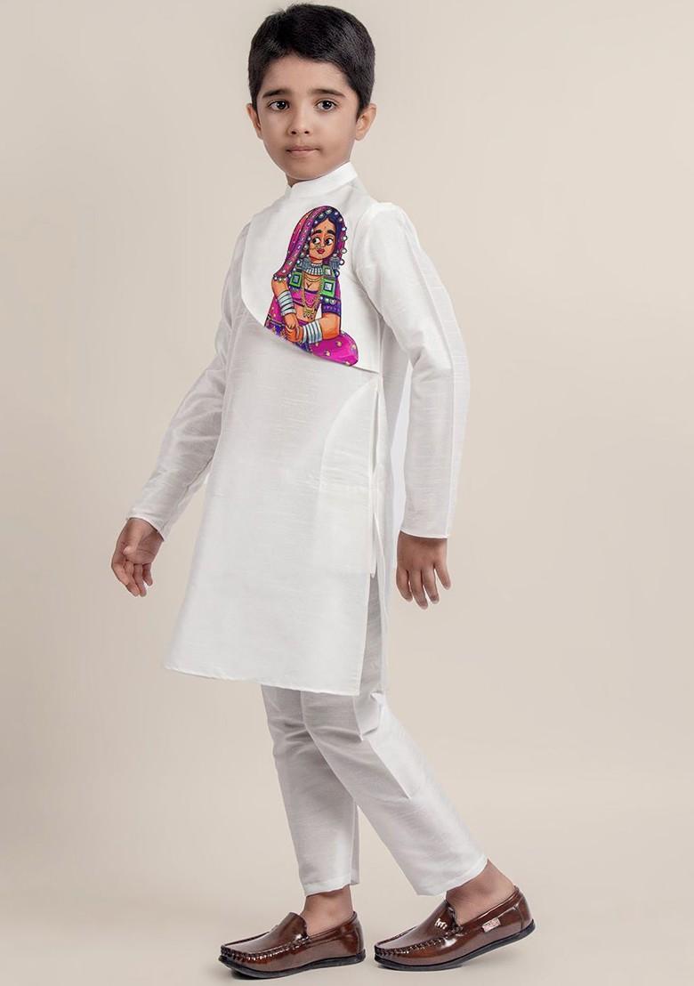 White Printed Blended Kurta Set For Boys - Indya