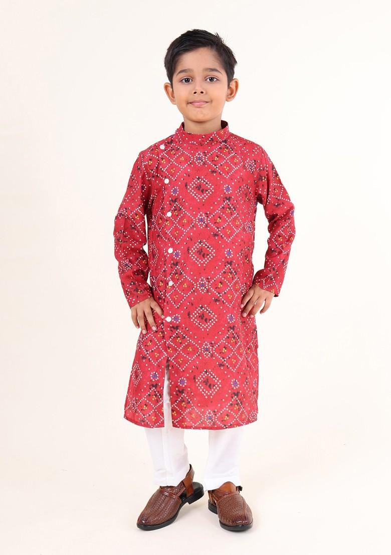 Red Printed Cotton Kurta Set For Boys - Indya