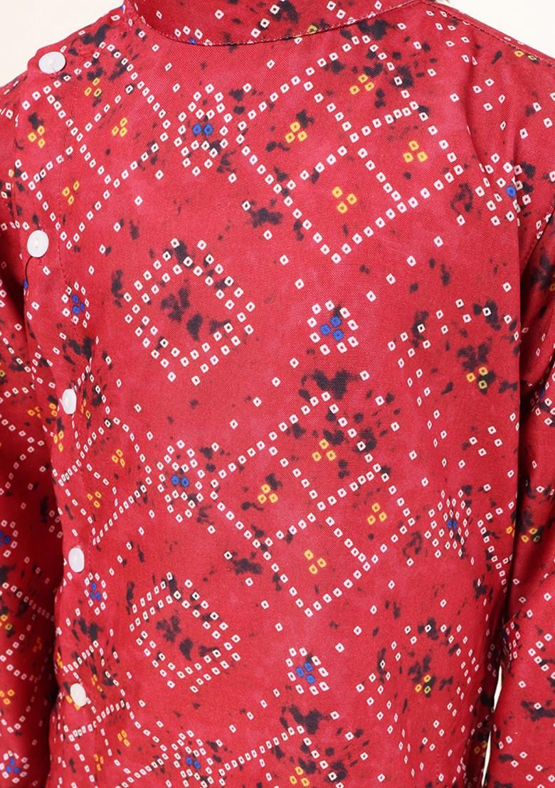 Red Printed Cotton Kurta Set For Boys - Indya