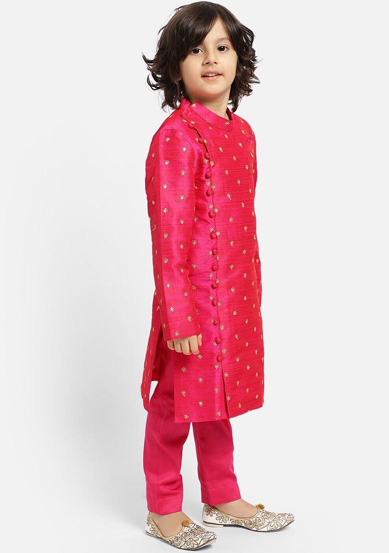 Pink Embroidered Silk Kurta Set For Boys - Indya