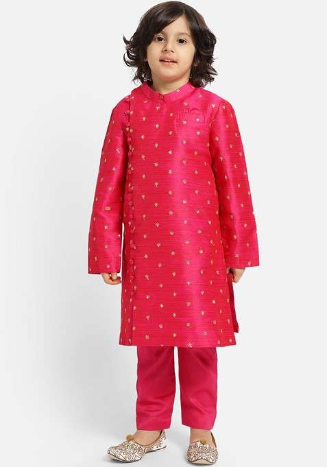 Pink Embroidered Silk Kurta Set For Boys