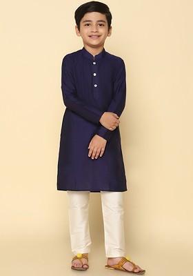 Navy Blue Embroidered Blended Kurta Set For Boys