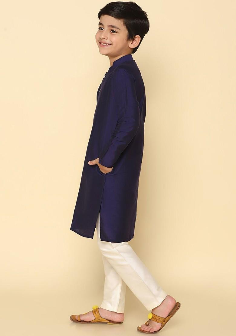 Navy Blue Embroidered Blended Kurta Set For Boys - Indya