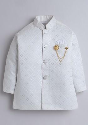 White Embroidered Blended Kurta Set For Boys