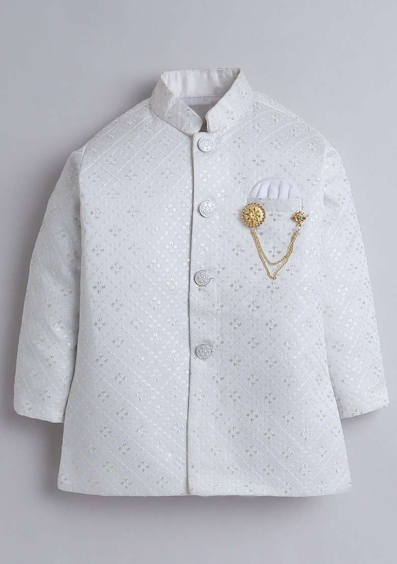 White Embroidered Blended Kurta Set For Boys - Indya