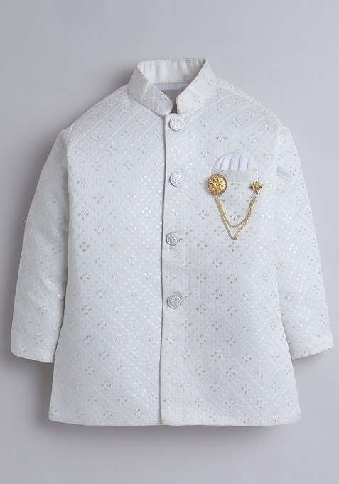 White Embroidered Blended Kurta Set For Boys
