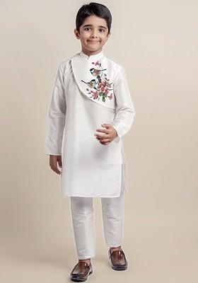 White Printed Blended Kurta Set For Boys
