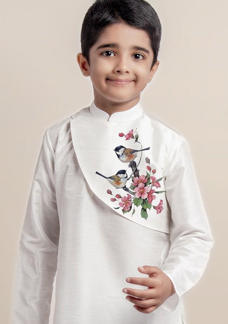 White Printed Blended Kurta Set For Boys - Indya