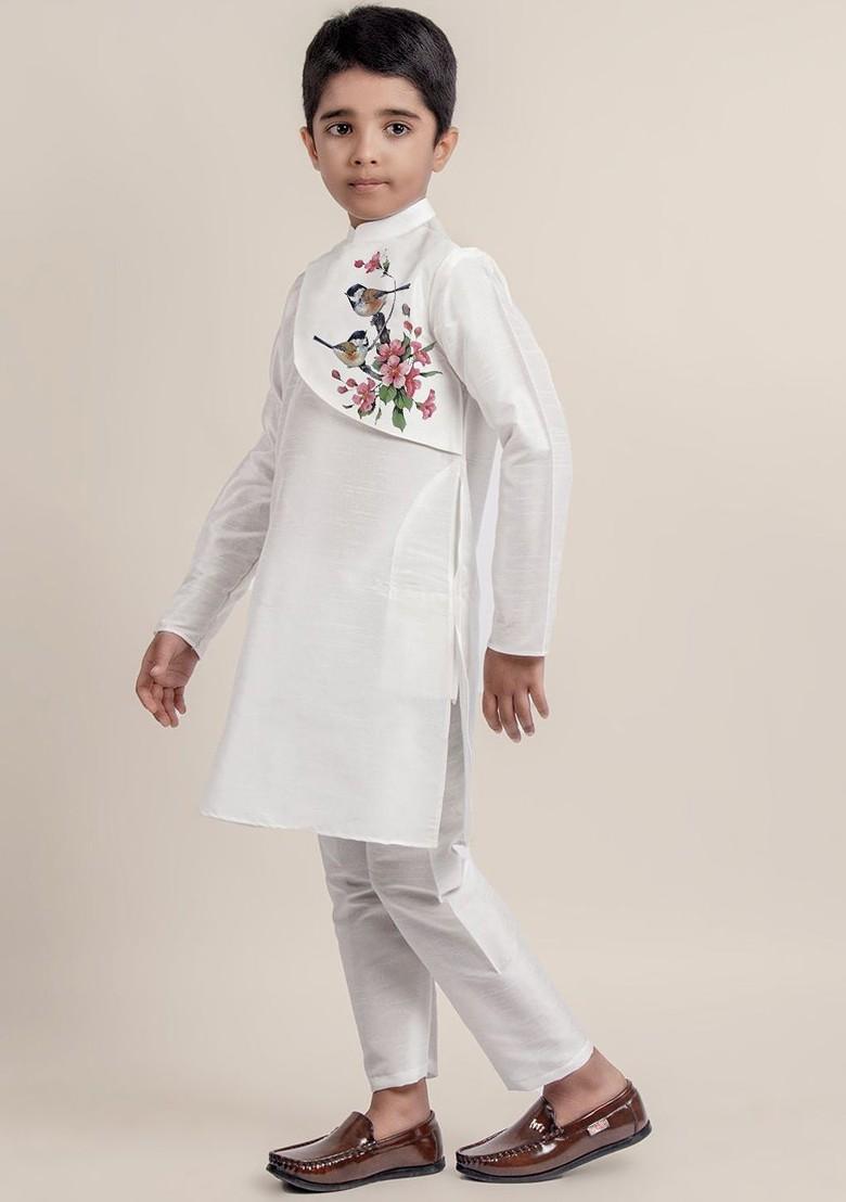 White Printed Blended Kurta Set For Boys - Indya