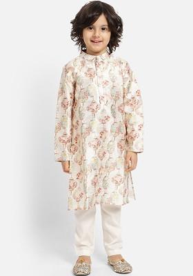 Cream Printed Blended Kurta Set For Boys