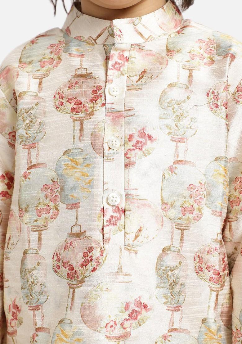 Cream Printed Blended Kurta Set For Boys - Indya