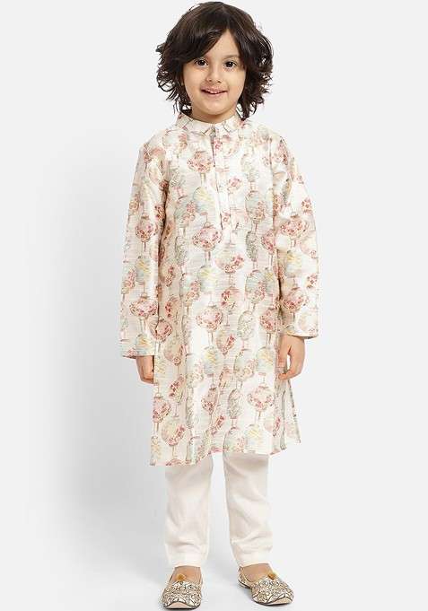 Cream Printed Blended Kurta Set For Boys