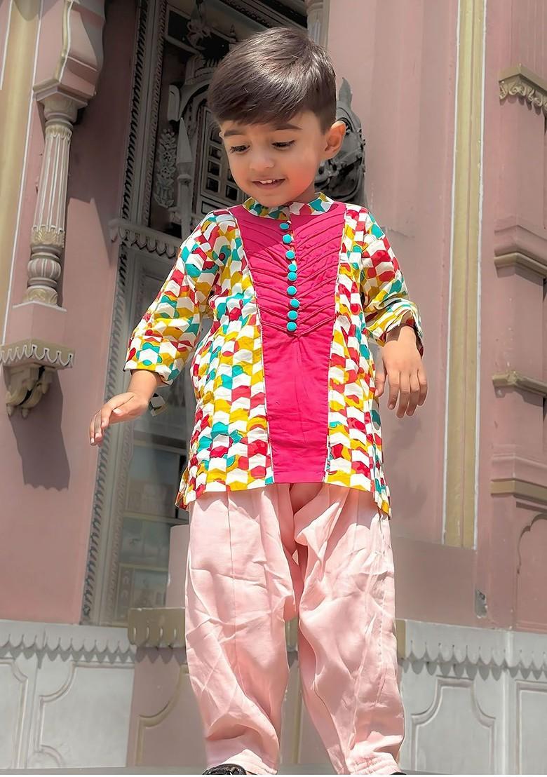 Pink Thread Work Cotton Kurta Set For Boys - Indya