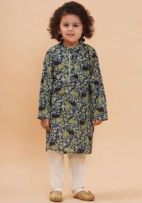 Teal Printed Cotton Kurta Set For Boys