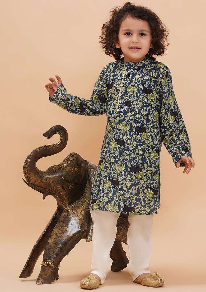 Teal Printed Cotton Kurta Set For Boys - Indya