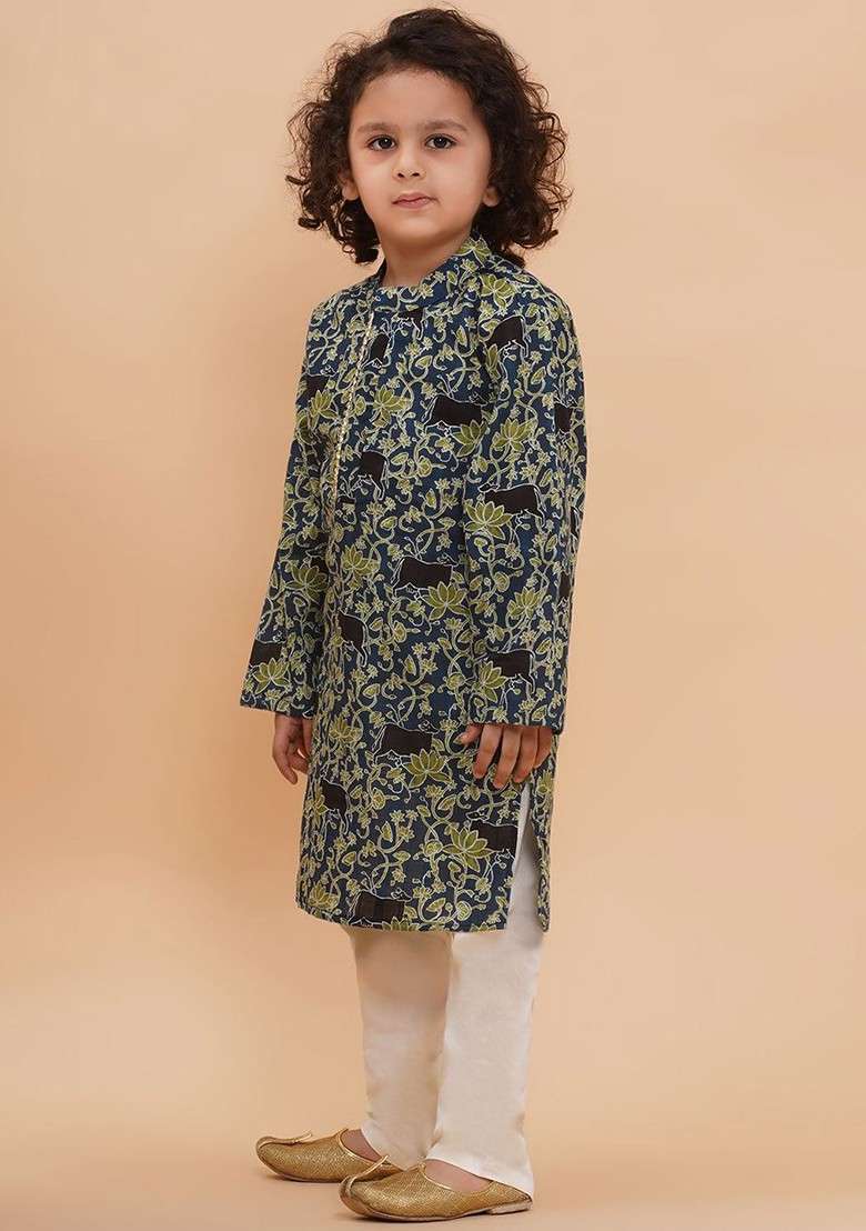 Teal Printed Cotton Kurta Set For Boys - Indya