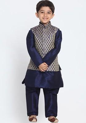 Navy Blue Embroidered Blended Nehru Jacket Set For Boys