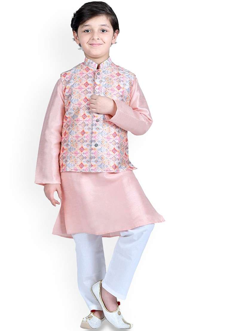 Peach Embroidered Cotton Nehru Jacket Set For Boys - Indya