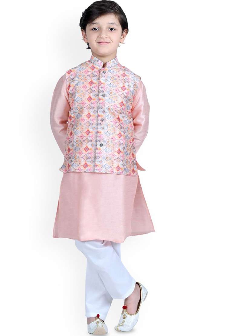 Peach Embroidered Cotton Nehru Jacket Set For Boys - Indya
