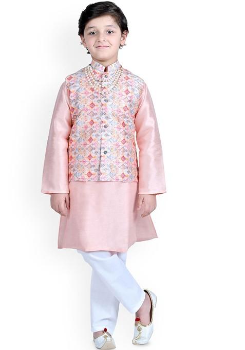 Peach Embroidered Cotton Nehru Jacket Set For Boys — view on Indya