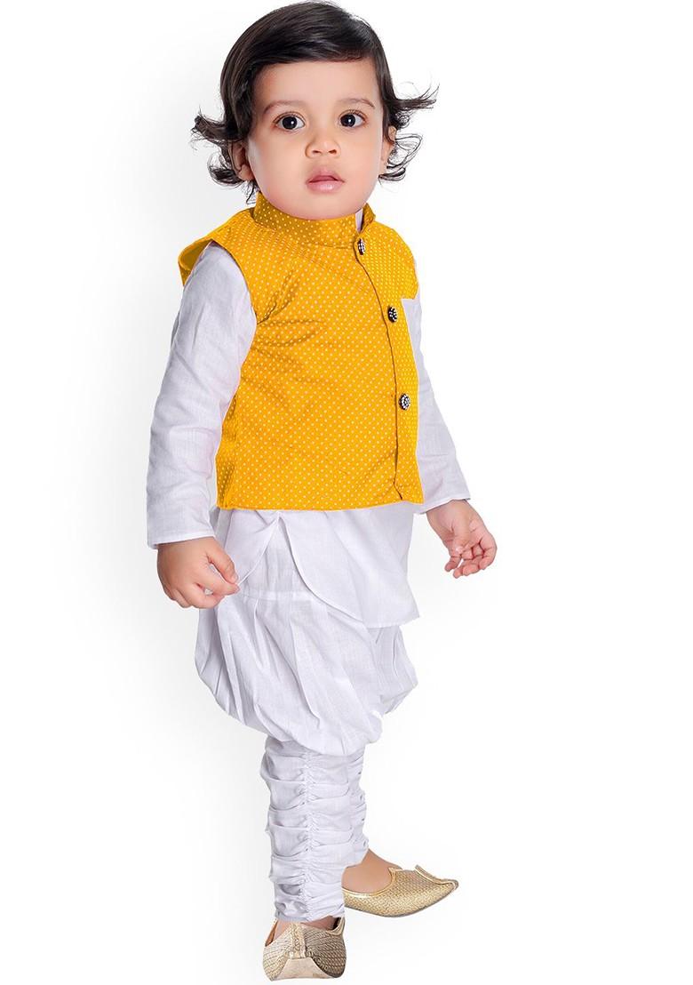 White Embroidered Cotton Kurta Set For Boys - Indya
