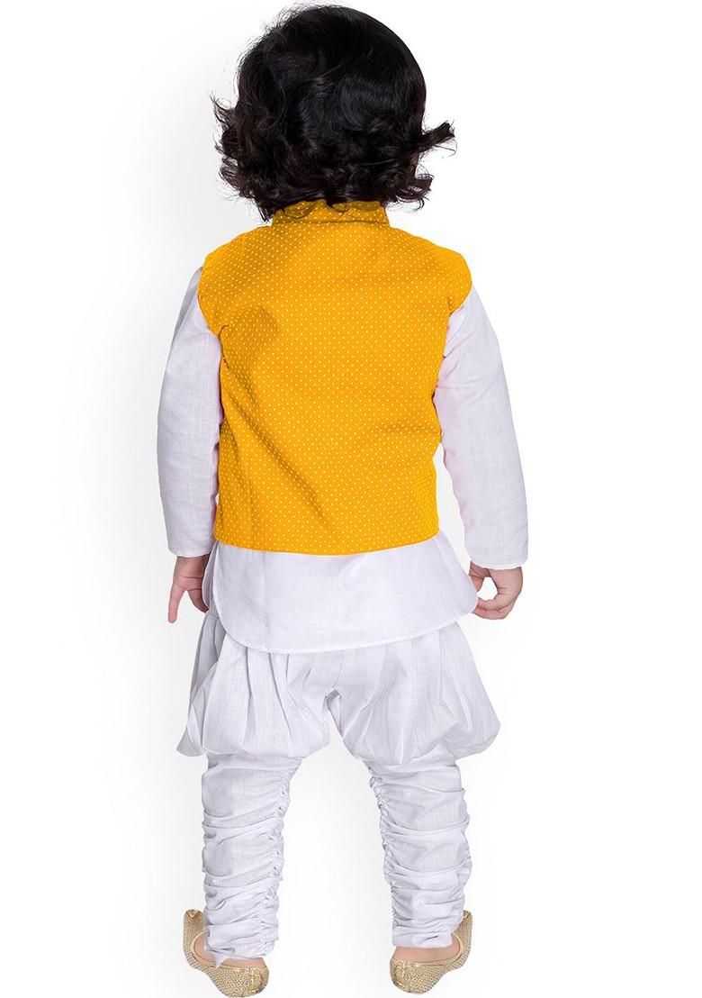 White Embroidered Cotton Kurta Set For Boys - Indya