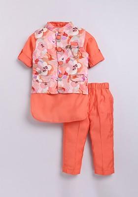 Peach Yoke Design Blended Nehru Jacket Set For Boys