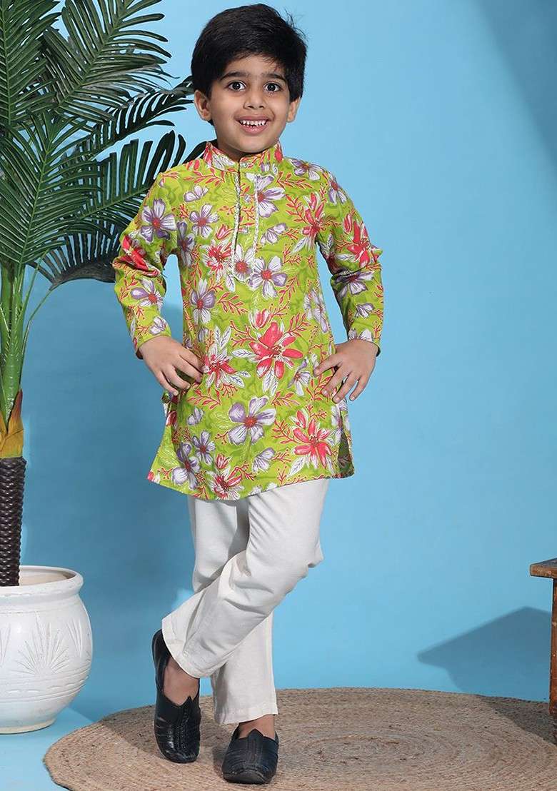 Green Printed Blended Kurta Set For Boys - Indya